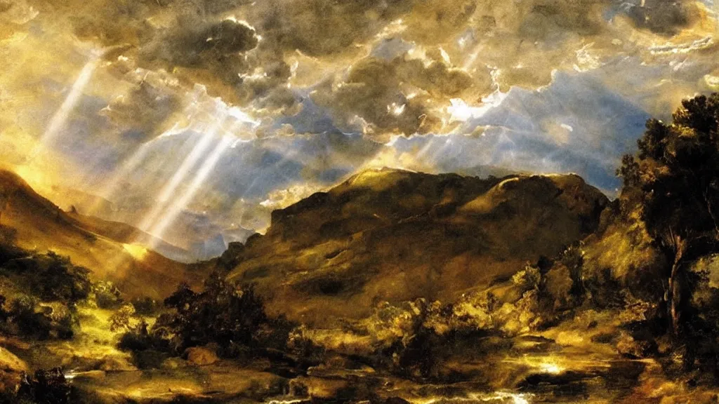 Prompt: beautiful painting of dark valley with a little stream in a landscape,drammatic sky, rays of light passing through the clouds, painting by Titian