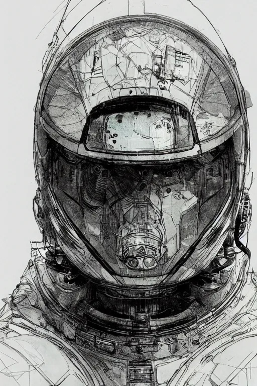 Image similar to portrait of a future cosmonaut with helmet having cybernetics and wirings, pen and ink, intricate line drawings, by craig mullins, ruan jia, kentaro miura, greg rutkowski