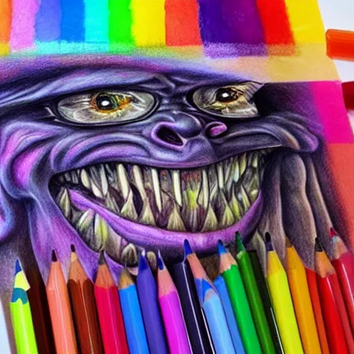 Prompt: hyperrealistic drawing of a monster made of rainbows, terrifying, beautiful, cringe, high detail