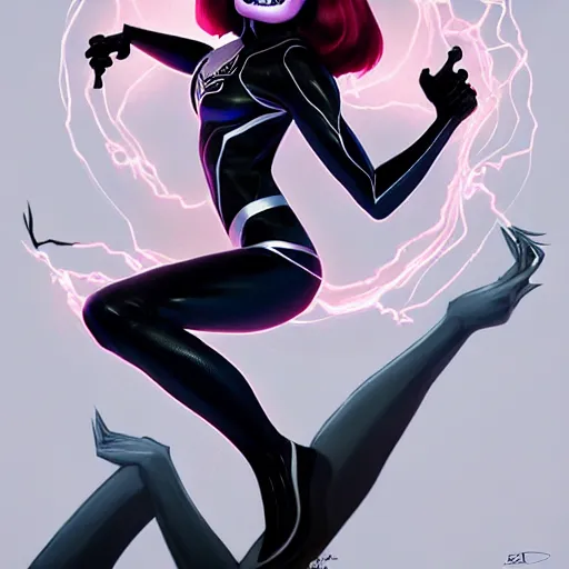 Prompt: gorgeous female Emma Stone as Spider-Gwen as venom sharp teeth, realistic character concept, medium shot, evil pose, comic book, illustration, slender symmetrical body, artstation, cinematic lighting, hyperdetailed, Tom Bagshaw, Joshua Middleton, single face, insanely detailed and intricate, dark and smokey background