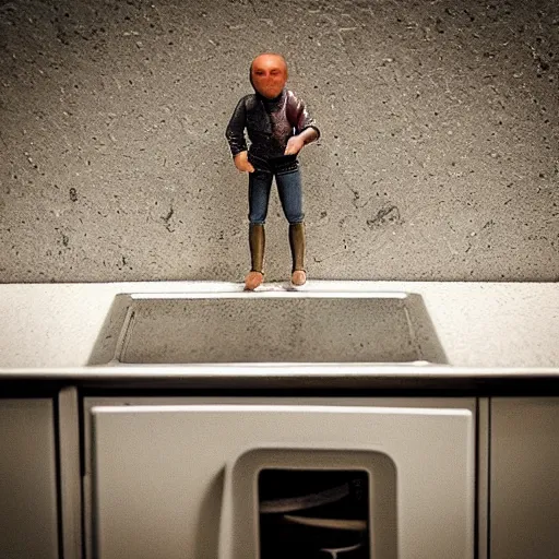 Prompt: “macro photography focused on a miniature figure on a countertop. The background is the rest of the kitchen. The mid ground is a dramatic highway bridge that connects the vintage fridge to the counter. Award winning photo.”