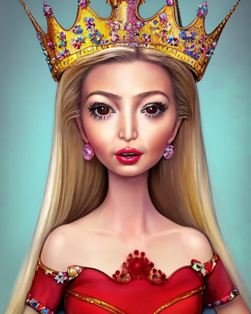 Image similar to closeup profile portrait of a tin toy ivanka trump as a fairytale princess wearing a crown and eating cakes, bikini, hyper realistic, artstation, illustration, nicoletta ceccoli, mark ryden, lostfish, max fleischer, digital paint, matte paint, vivid colors, bright, cheerful, detailed and intricate environment