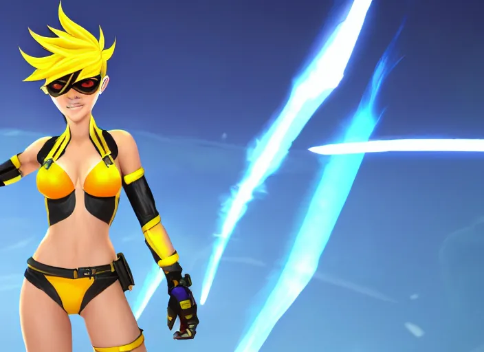 Image similar to tracer game character, in yellow bikini, blonde hair, black eyes, full height