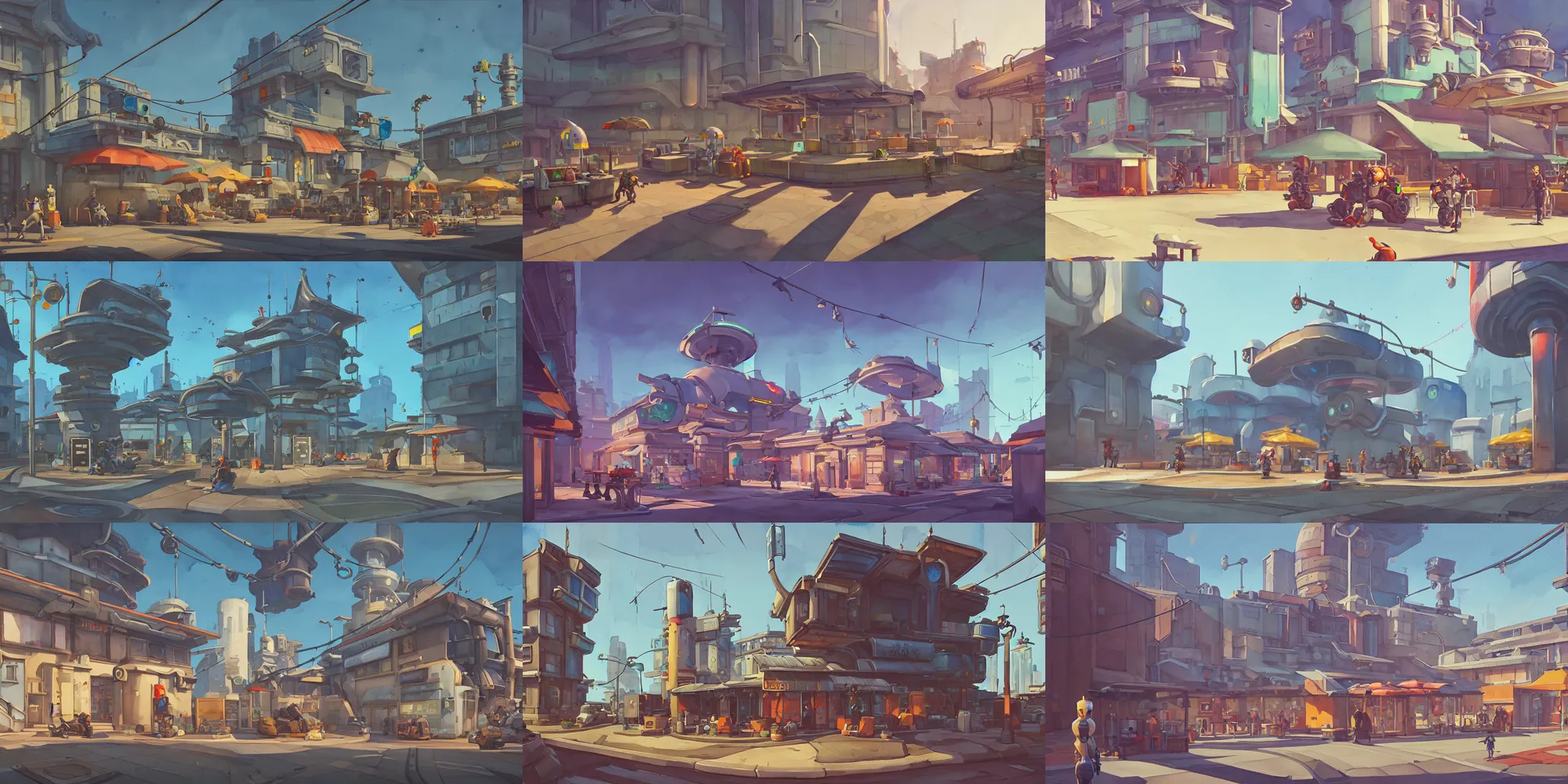 Prompt: overwatch building, stylized, exterior, architecture, in watercolor gouache detailed paintings, insanely detail, artstation, 8 k, futuristic, big medium small, arcane, simon stalenhag, food stall