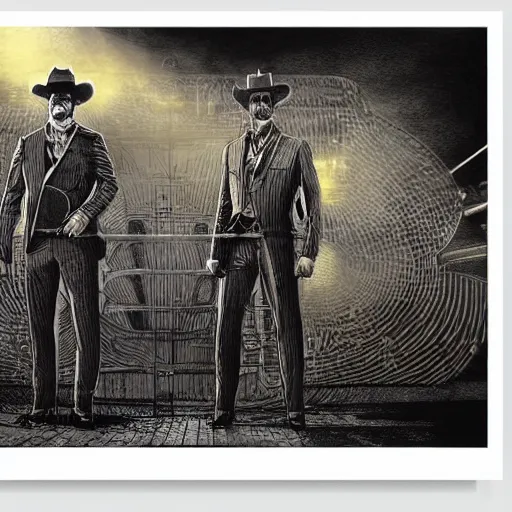 Prompt: hand drawn image of wyatt earp and doc holliday standing on the deck of a futuristic spacecraft with gears and unknown alien hydro technology, inspired by the movie interstellar, high detail, ultra realistic