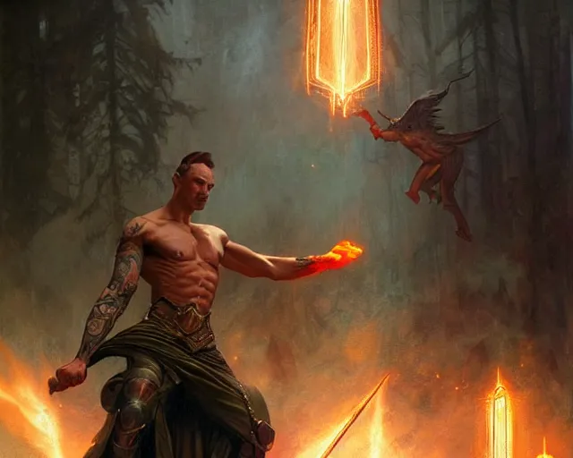 Image similar to handsome tattooed gym bro wizard lightning magic spell vfx, diagonal spell vfx, fantasy game spell, fantasy epic digital art, by greg rutkowski, gaston bussiere, craig mullins, j. c. leyendecker, tom of finland