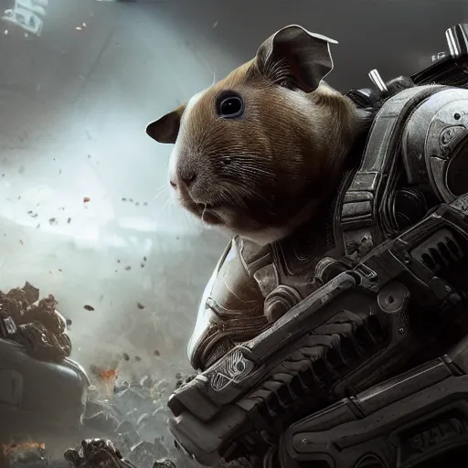 Image similar to guinea pig in gears of war, splash art, movie still, detailed face, photorealistic facial features, cinematic lighting, dramatic, octane render, long lens, shallow depth of field, bokeh, anamorphic lens flare, 8 k, hyper detailed, 3 5 mm film grain