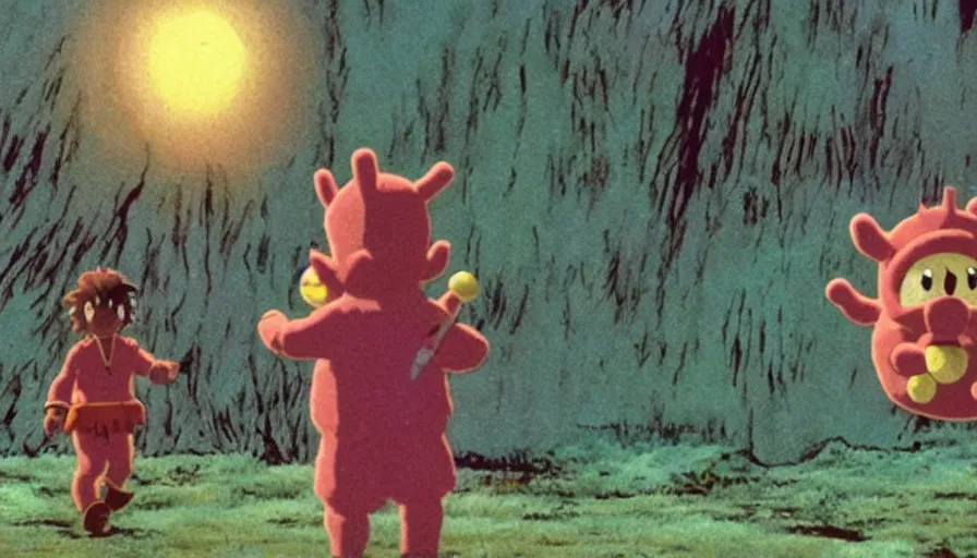 Image similar to a still from Princess Mononoke depicting the war of the teletubbies