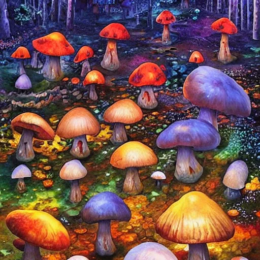 Prompt: mushroom village located deep in a forest, bioluminescent blue mushrooms, mushroom houses, art by james christensen, rob gonsalves, paul lehr, leonid afremov and tim white