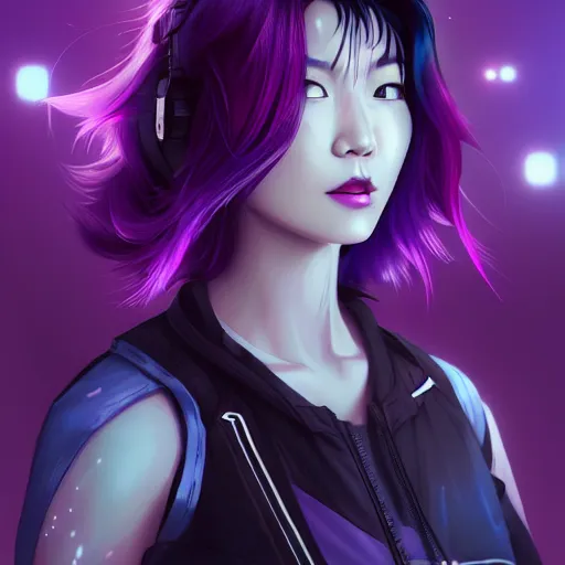 Prompt: a portrait of a young asian cyberpunk woman with purple hair, art by lois van baarle and loish and ross tran and rossdraws and sam yang and samdoesarts and artgerm and saruei and disney, digital art, highly detailed, intricate, sharp focus, trending on artstation hq, deviantart, unreal engine 5, 4 k uhd image