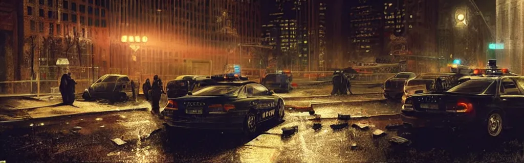 Prompt: a police crime scene at night on the streets of new york. epic cinematic hyperrealism masterpiece. realistic poster with shaded lighting by craig mallismo, artgerm, jeremy lipkin and michael garmash, unreal engine, radiant light, detailed and complex environment, digital art, art station trends, detailed faces, detailed eyes