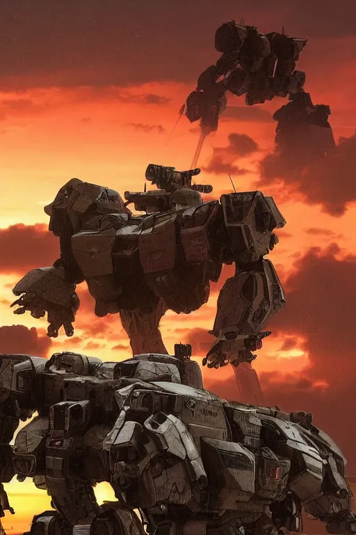 Image similar to A real photo of a Huge Mechwarrior prepared for battle and the sunset in the distance, by Josan Gonzalez, Yoji Shinkawa and Geof Darrow, highly detailed, Unreal Engine Render, 3D, 8k wallpaper