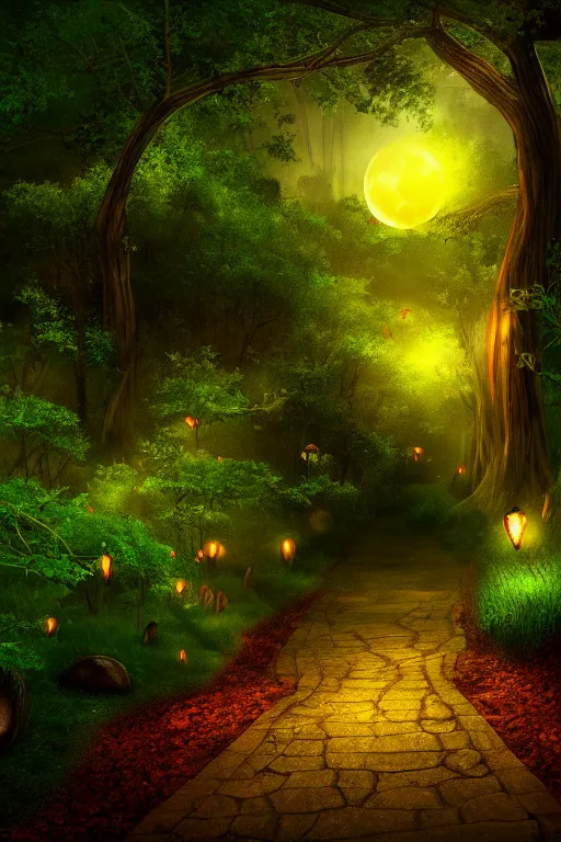 Prompt: a beautiful digital glossy clear sharp of a detailed antasy fireflies forest trees roots mushrooms fireflies moonlight and iron gate cobblestone pathway vines ground fog by james gurney, 8 k resolution trending on artstation