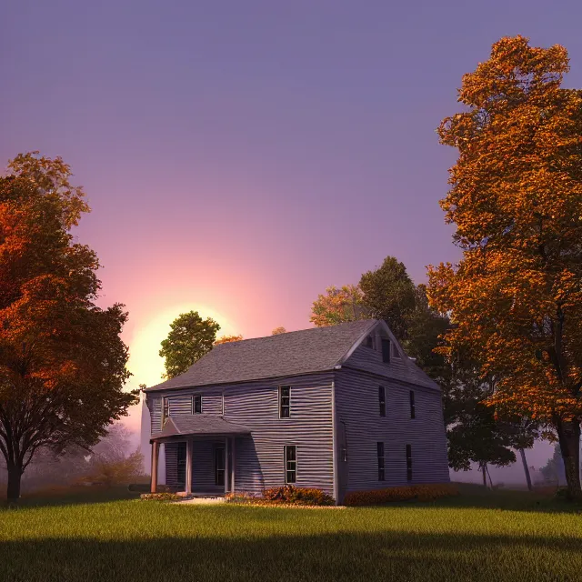 Image similar to black colonial new england house, tall maple tree in yard, large chimney with smoke, old street lamp, lights on inside, fall foliage, vermont mountain background, light cinematic, volumetric, realistic, cinematic lighting, ray tracing, unreal engine 5, octane render, hyper realistic, 8 k