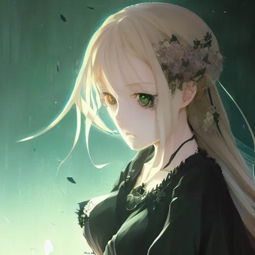 Image similar to victorique de blois anime girl gosick super detailed green eyes green eyes green eyes green eyes black dress black dress black dress black dress blonde hair by greg rutkowski makoto shinkai aramaki shinji artgerm, cushart krenz key art feminine award winning