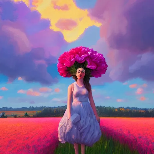 Image similar to girl with a giant carnation head, surreal photography, flower field, sunset dramatic light, impressionist painting, colorful clouds, blue sky, digital painting, artstation, simon stalenhag