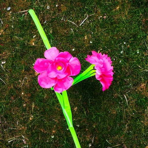 Image similar to A hand with too many fingers holding a plastic flower with a long stem, award-winning photo, DSLR color