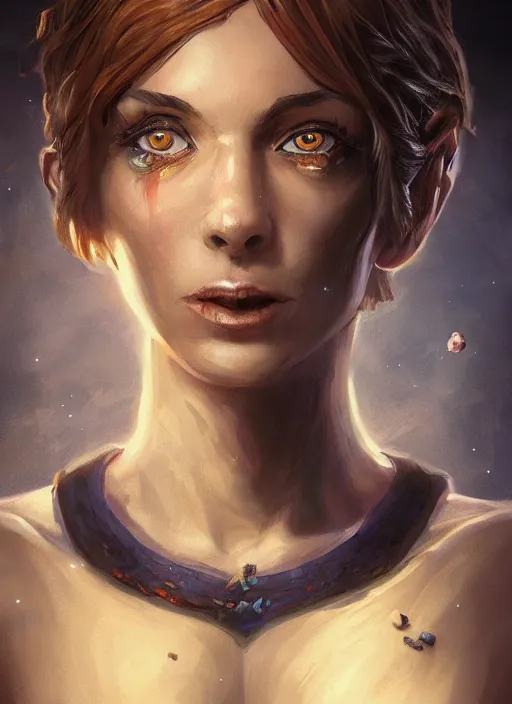 Prompt: An epic fantastic realism comic book style portrait painting of a beautiful psychic sorcerous, short brown hair, floating in the air, D&D Concept Art, unreal 5, DAZ, hyperrealistic, octane render, cosplay, RPG portrait, dynamic lighting