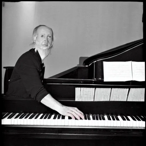 Prompt: terry silver playing a large piano with his feet