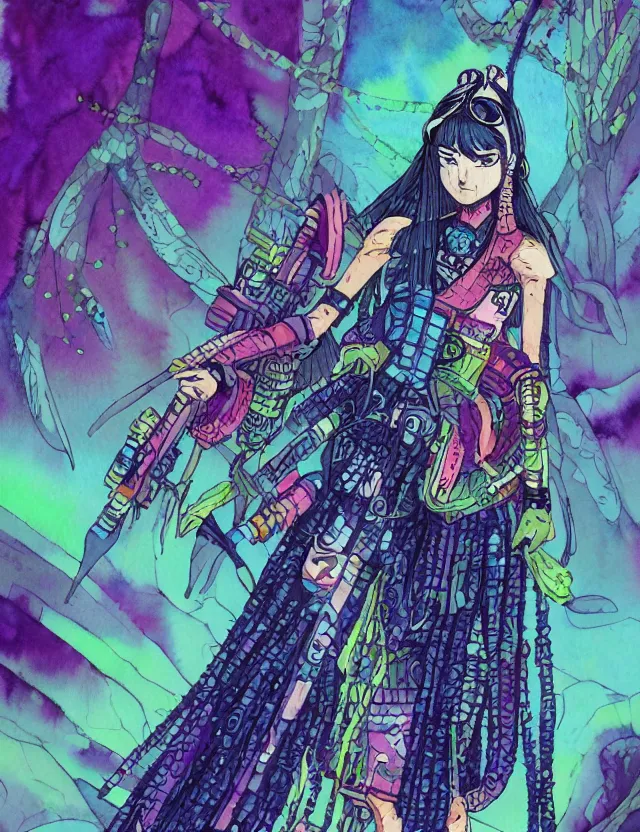 Prompt: aztec scifi princess of the lichen rainforest, wearing a lovely dress with cyberpunk elements. this watercolor painting by the award - winning mangaka has an interesting color scheme, plenty of details and impeccable lighting.