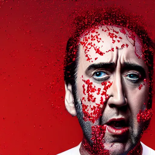 Image similar to nic cage screaming while covered from head to toe in red bees, award winning portrait