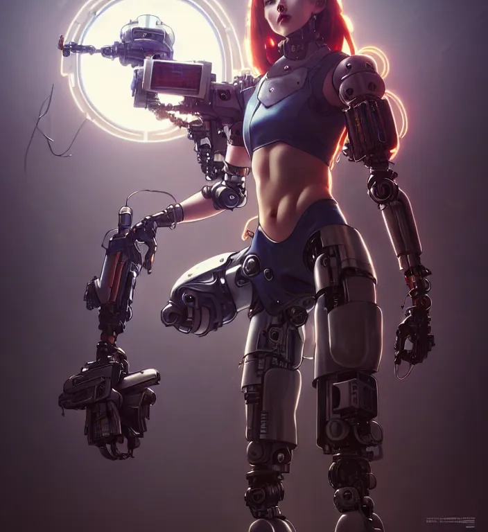 Image similar to full body painting of chuu loona cyberpunk mercenary smiling and fighting a robot, ultra realistic, concept art, intricate details, eerie, highly detailed, photorealistic, octane render, 8 k, unreal engine. art by artgerm and greg rutkowski and magali villeneuve and alphonse mucha