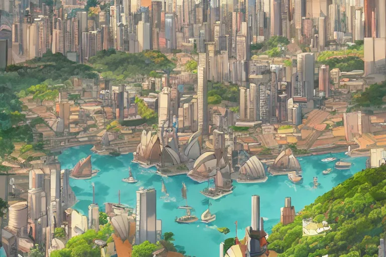 Prompt: sydney, australia. 4 k digital paint by studio ghibli hayao miyazaki. very sharp and detailed. trending on artstation and behance.