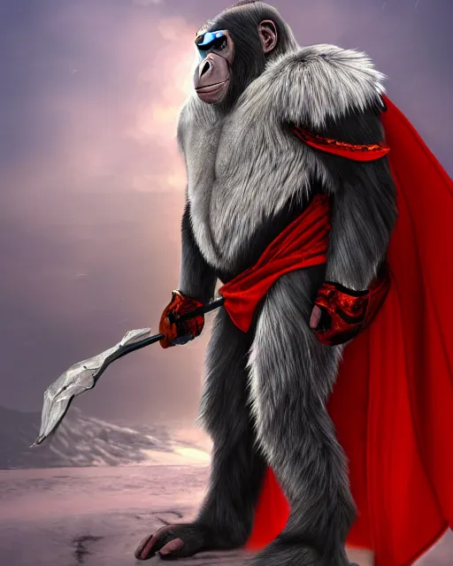 Prompt: fury art, an anthro ape wearing a large cape and a fantasy armor, ice, fiery background, 3 d, 8 k, extremely detailed, trending on furaffinity, trending on artstation, award winning, sharp focus, illustration