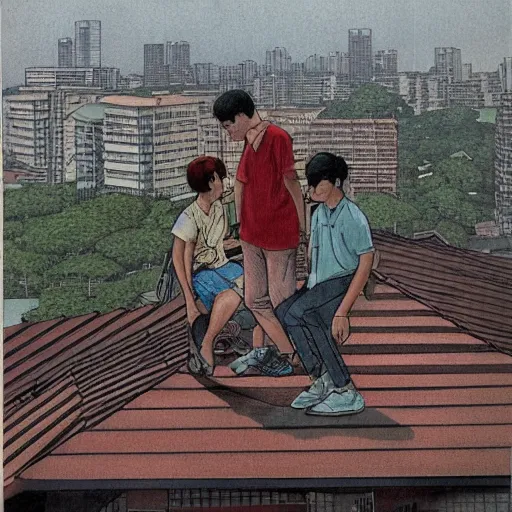 Image similar to art of two singapore students on the roof of a hdb flat, by moebius