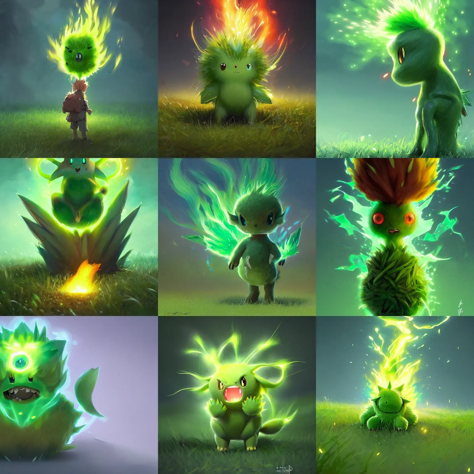Prompt: a cute grass type pokemon, green fire bursting out of his hair, highly detailed digital art, 3 d perspective, award - winning illustration, aesthetic, smooth, pokemon style, made by greg rutkowski