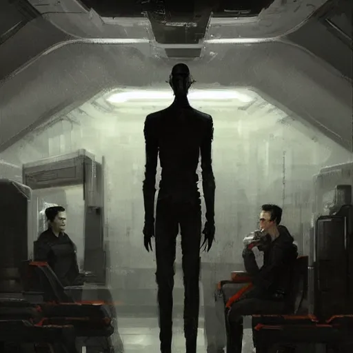 Image similar to concept art by greg rutkowski, a very tall, and slender man with short black hair, sitting with the crew in the ship's control room, brutalist futuristic interior, dark lighting atmosphere, detailed portraits, nostalgic atmosphere, scifi, digital painting, artstation, concept art, smooth, sharp foccus ilustration, artstation hq