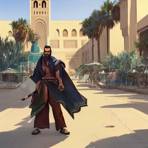 Image similar to hanzo from overwatch travels in marrakech streets, morocco, palm trees, mosque, highly detailed, digital painting, artstation, concept art, smooth, sharp focus, illustration, art by artgerm and greg rutkowski and alphonse mucha