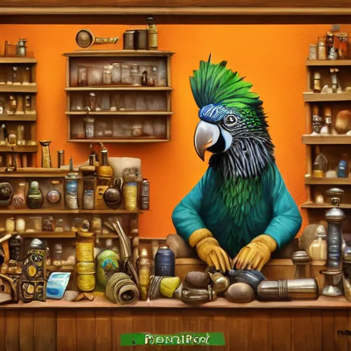 Image similar to Anthropomorphized parrot trader in his shop, selling his wares, portrait, items, weapons, magic potions, trinkets, carpet, lamps, window, fancy hat, sly expression, cunning expression, cute expression, long thick shiny black beak, D&D, fantasy, cinematic lighting, highly detailed, digital painting, artstation, concept art, smooth, sharp focus, illustration, warm light, cozy warm tint, magic the gathering artwork, volumetric lighting, 8k, art by Akihiko Yoshida, Greg Rutkowski