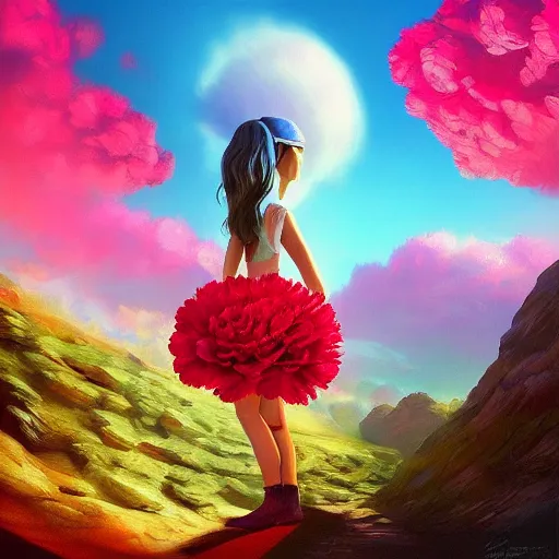 Image similar to giant carnation flower as a head, girl hiking in a canyon, surreal photography, sunrise, dramatic light, impressionist painting, colorful clouds, digital painting, artstation, simon stalenhag