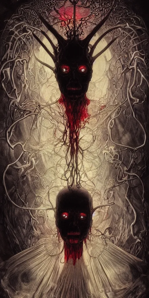 Image similar to intense glowing black metal pagan god with horns and veins and intense glowing eyes and a blood skull in very dark cosmic space by beksinski and alphonse mucha and karol bak and artgerm, portrait, fantasy, clear, light beams, lens flare, intense, uhd, amazing depth, cinematic lighting, shining gold and black and red