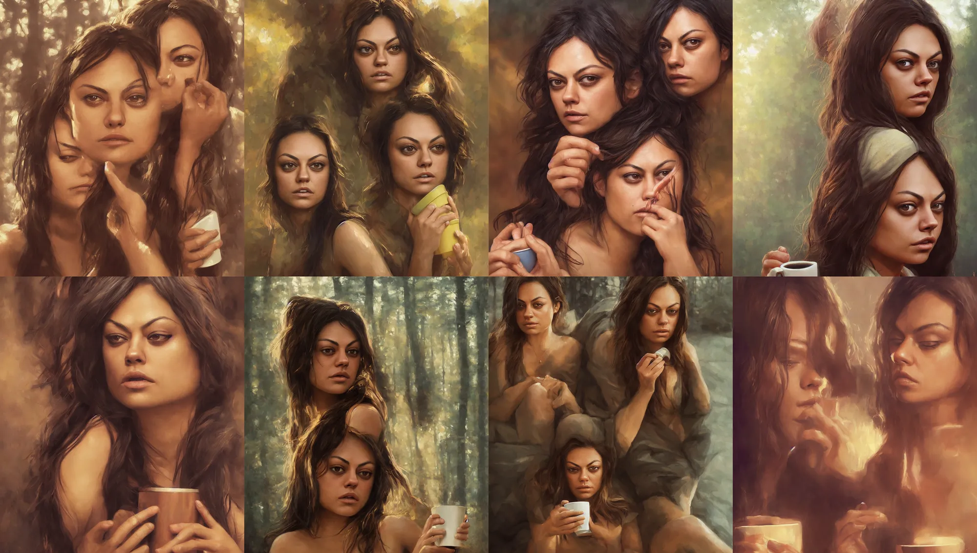 Image similar to close portrait of sleepy mila kunis waking up with coffee, dramatic light, morning golden hour, forest cabin background, 2 0 0 mm focal length, 1 9 7 0 s, painted by stanley lau, painted by greg rutkowski, painted by stanley artgerm, digital art, trending on artstation