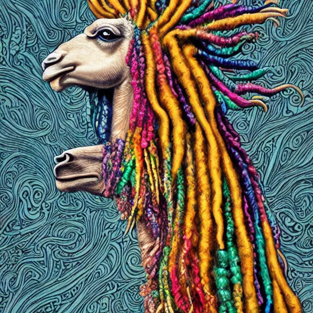 Prompt: llama with dreadlocks, colorful, detailed by ernst haeckel, artgerm, james jean