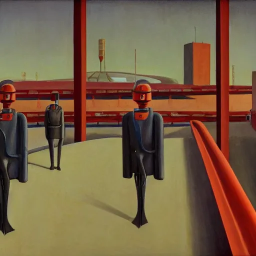 Prompt: drab human slaves on a conveyor belt, guarded by fascist robot overlords, brutalist facility, battersea, dystopian, pj crook, edward hopper, oil on canvas