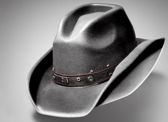 Prompt: front view of a retro - futuristic cowboy hat, cyberpunk, product photo, studio lighting, white background, macro