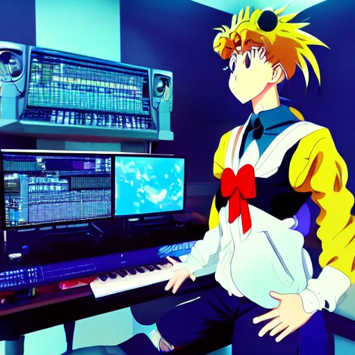 Image similar to An anime character working in their music studio. 90s anime, Sailor Moon, VHS, official art, flat cell shading, fantastic screenshot, trending on artstation