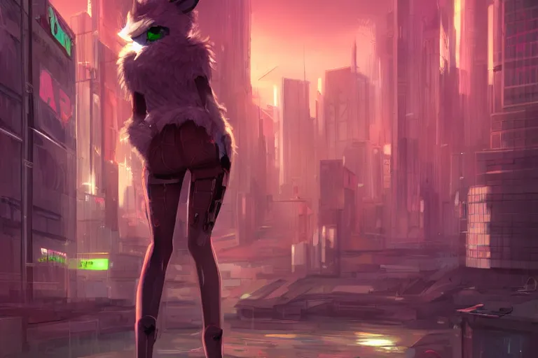 Prompt: a transhuman fox fursona with a fluffy tail in a cyberpunk city, trending on artstation, by kawacy, neon backlighting, furry art