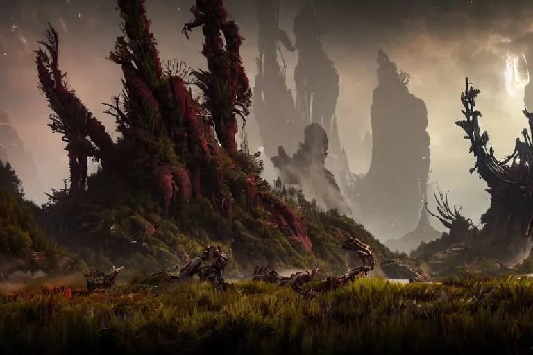 Image similar to wide epic shot from horizon forbidden west. a hyper detailed organic mechanic creatuve realistic similar look as horizon forbidden west horizon zero dawn, bioluminiscence in a dark deep forest at dawn in spring, with reflection and textures, by kilian eng, substance painter reaslitic mech surface metal painted scratches, world env from horizon forbidden west horizon zero dawn