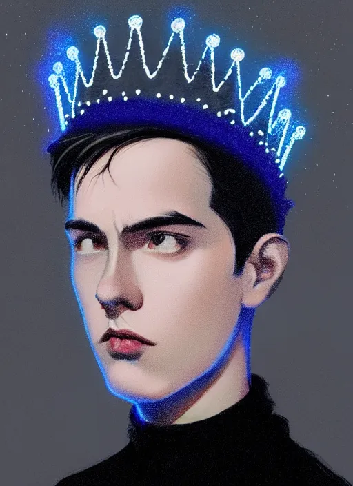 Image similar to portrait of teenage jughead jones wearing a light grey crown, crown, blue turtleneck, 1 9 5 0 s, closed eyes, photorealistic, black hair, glowing lighting, intricate, elegant, glowing lights, highly detailed, digital painting, artstation, concept art, smooth, sharp focus, illustration, art by wlop, mars ravelo and greg rutkowski