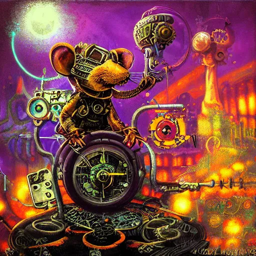 Image similar to steampunk rat, acid, 303, psychedelic, by paul lehr, cd cover for psytrance artist