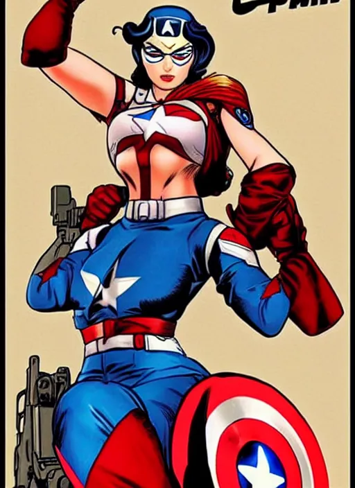 Image similar to syrian female captain america. feminist captain america wins wwii. american wwii propaganda poster by masamune shirow, rob liefeld and pixar. gorgeous face. pin up model. overwatch.