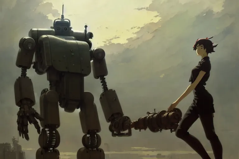 Image similar to dieselpunk, huge humanoid robot, painted by greg rutkowski makoto shinkai takashi takeuchi studio ghibli, akihiko yoshida