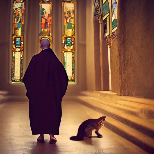 Prompt: cute fluffy caracals as orthodox monks, in orthodox church, orthodox icons, volumetric lighting, epic, fantasy art, blur, bokeh, cinematic, shallow depth of field, 8 0 mm, f 1. 8