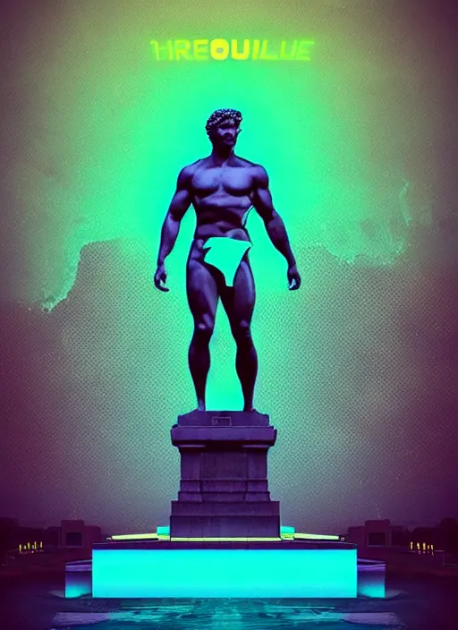 Prompt: statue of hercules, beeple, vaporwave, retrowave, tonal separation, black background, neon, black, glitch, pixel sorting, strong contrast, pinterest, trending on artstation