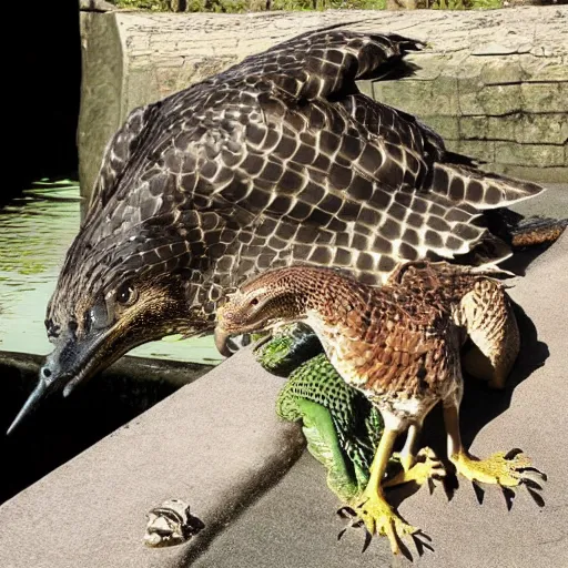 Prompt: hawk and alligator mutant animal,realistic, picture taken in zoo