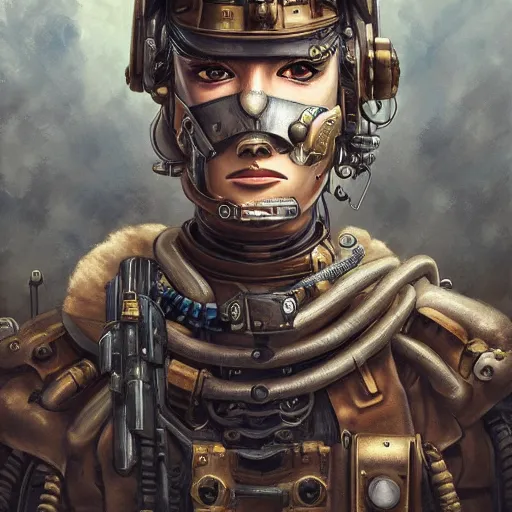 Image similar to portrait painting of a steampunk cyborg soldier transhumanism, ultra realistic, concept art, studio ghibli, intricate details, eerie highly detailed